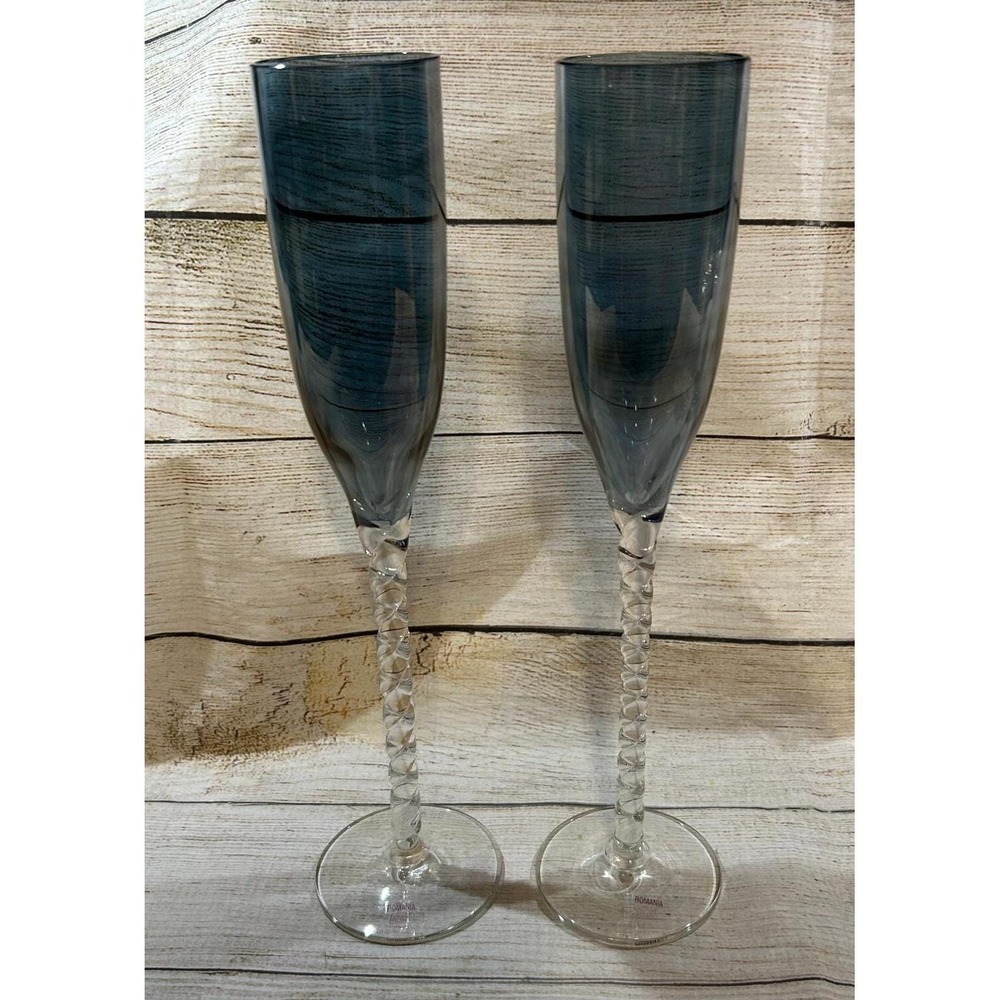 Gorgeous Romania Braided Stem Blue Iridescent Champagne Glass Flute Lot of 2